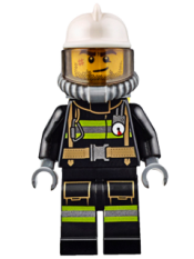 LEGO Fire - Reflective Stripes with Utility Belt, White Fire Helmet, Breathing Neck Gear with Air Tanks, Trans Black Visor, Beard Stubble minifigure