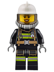 LEGO Fire - Reflective Stripes with Utility Belt, White Fire Helmet, Breathing Neck Gear with Air Tanks, Trans Black Visor, Peach Lips Open Mouth Smile minifigure