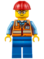 LEGO Orange Safety Vest with Reflective Stripes, Blue Legs, Red Construction Helmet, Glasses (TV Tower Technician) minifigure