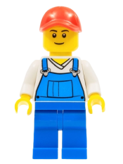 LEGO Overalls Blue over V-Neck Shirt, Blue Legs, Red Cap with Hole minifigure