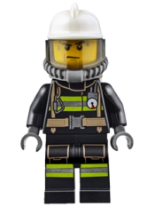 LEGO Fire - Reflective Stripes with Utility Belt, White Fire Helmet, Breathing Neck Gear with Air Tanks, Trans Black Visor, Sweat Drops minifigure