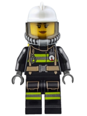 LEGO Fire - Reflective Stripes with Utility Belt, White Fire Helmet, Breathing Neck Gear with Air Tanks, Trans Black Visor, Peach Lips Smile minifigure