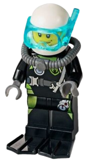 LEGO Fire - Scuba Diver, Black Flippers, Dark Bluish Gray Scuba Tank, White Helmet, Trans-Light Blue Scuba Mask minifigure