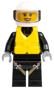 LEGO Fire - Reflective Stripes with Utility Belt and Flashlight, Life Jacket Center Buckle, White Helmet, Trans-Black Visor, Peach Lips Open Mouth Smile minifigure