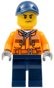 LEGO Construction Worker - Male, Orange Safety Jacket, Reflective Stripe, Sand Blue Hoodie, Dark Blue Legs, Dark Blue Cap with Hole, Scowl minifigure