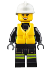LEGO Fire - Reflective Stripes with Utility Belt and Flashlight, Life Jacket, White Fire Helmet, Peach Lips Open Mouth Smile minifigure