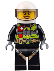 LEGO Fire - Reflective Stripes with Utility Belt and Flashlight, White Helmet, Trans-Black Visor, Peach Lips Open Mouth Smile minifigure