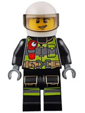 LEGO Fire - Reflective Stripes with Utility Belt and Flashlight, White Helmet, Trans-Black Visor, Lopsided Grin minifigure