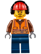 LEGO Fire - Male, Orange Safety Vest, Reflective Stripes, Reddish Brown Shirt, Dark Blue Legs, Red Construction Helmet with Black Headphones, Stubble minifigure