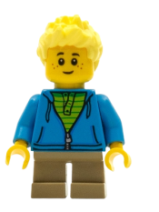 LEGO Boy, Dark Azure Hoodie with Green Striped Shirt, Dark Tan Short Legs, Freckles minifigure