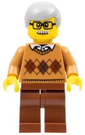LEGO Grandfather - Medium Nougat Argyle Sweater, Light Bluish Gray Hair minifigure