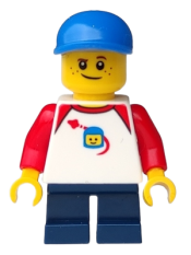 LEGO Boy, Freckles, Classic Space Shirt with Red Sleeves, Dark Blue Short Legs minifigure