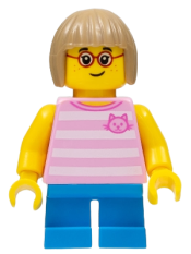 LEGO Girl, Bright Pink Striped Top with Cat Head, Dark Azure Short Legs minifigure