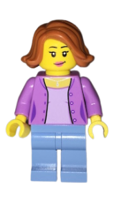 LEGO Medium Lavender Jacket over Lavender Shirt, Medium Blue Legs, Dark Orange Female Hair Short Swept Sideways minifigure