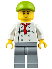 LEGO Chef - White Torso with 8 Buttons, Light Bluish Gray Legs, Lime Short Bill Cap (Fire Station Hot Dog Vendor) minifigure