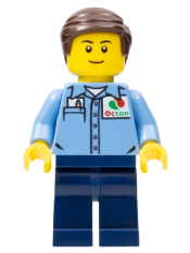 LEGO Medium Blue Uniform Shirt with Pocket and Octan Logo, Dark Blue Legs, Dark Brown Smooth Hair minifigure