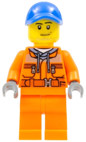 LEGO Tow Truck Driver - Male, Orange Safety Jacket, Reflective Stripe, Sand Blue Hoodie, Orange Legs, Blue Cap with Hole, Stubble minifigure