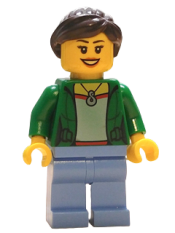 LEGO Customer - Green Female Jacket Open with Necklace, Medium Blue Legs, Dark Brown Ponytail and Swept Sideways Fringe minifigure