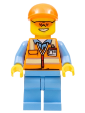 LEGO Orange Safety Vest with Reflective Stripes, Medium Blue Legs, Orange Short Bill Cap, Orange Sunglasses minifigure