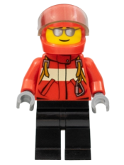 LEGO City Pilot Male, Red Fire Suit with Carabiner, Black Legs, Red Helmet, Silver Sunglasses minifigure