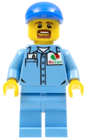 LEGO Medium Blue Uniform Shirt with Pocket and Octan Logo, Medium Blue Legs, Blue Short Bill Cap, Goatee minifigure