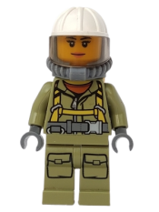 LEGO Volcano Explorer - Female Worker, Suit with Harness, Construction Helmet, Breathing Neck Gear with Air Tanks, Trans-Black Visor minifigure