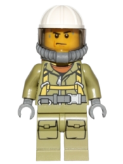 LEGO Volcano Explorer - Male Worker, Suit with Harness, Construction Helmet, Breathing Neck Gear with Yellow Air Tanks, Trans-Black Visor, Sweat Drops minifigure