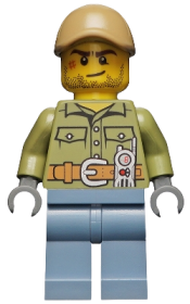 LEGO Volcano Explorer - Male, Shirt with Belt and Radio, Dark Tan Cap with Hole, Crooked Smile and Scar minifigure