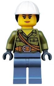 LEGO Volcano Explorer - Female, Shirt with Belt and Shoulder Ropes, White Construction Helmet with Long Hair minifigure
