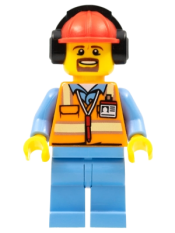 LEGO Orange Safety Vest with Reflective Stripes, Medium Blue Legs, Red Construction Helmet with Headset minifigure