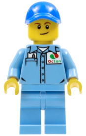 LEGO Medium Blue Uniform Shirt with Pocket and Octan Logo, Medium Blue Legs, Blue Cap with Hole, Lopsided Smile minifigure