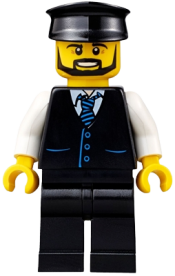 LEGO Limousine Driver - Black Vest with Blue Striped Tie, Black Legs, Black Hat, Black Beard minifigure
