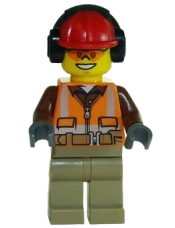 LEGO Construction Worker - Male, Orange Safety Vest, Reflective Stripes, Reddish Brown Shirt, Dark Tan Legs, Red Construction Helmet with Black Headphones, Orange Safety Glasses minifigure