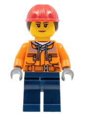 LEGO Construction Worker - Female, Orange Safety Jacket, Reflective Stripe, Sand Blue Hoodie, Dark Blue Legs, Red Construction Helmet with Dark Brown Hair, Peach Lips minifigure