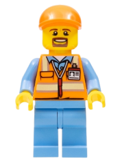 LEGO Orange Safety Vest with Reflective Stripes, Medium Blue Legs, Orange Short Bill Cap, Goatee minifigure