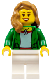 LEGO Green Female Jacket Open with Necklace, White Legs, Medium Nougat Female Hair over Shoulder, Open Smile minifigure