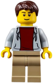 LEGO Light Bluish Gray Hoodie with Dark Red Shirt, Dark Tan Legs, Dark Brown Tousled Hair, Thin Grin minifigure