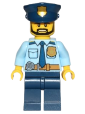 LEGO Police - City Shirt with Dark Blue Tie and Gold Badge, Dark Tan Belt with Radio, Dark Blue Legs, Police Hat with Gold Badge, Head Beard Black Angular minifigure