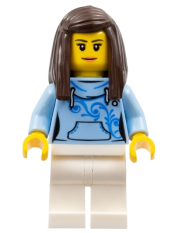 LEGO Pizza Van Customer Female, Bright Light Blue Hoodie with Swirl Flower Pattern, Dark Brown Hair minifigure