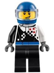 LEGO Buggy Driver, Checkered Race Torso, Blue Helmet, Black Legs minifigure