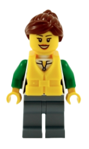 LEGO Angler Female, Sand Blue Legs, Reddish Brown Hair, Peach Lips, Life Jacket Center Buckle minifigure