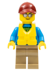 LEGO Angler Male, Dark Tan Legs, Dark Red Cap, Silver Sunglasses, Life Jacket Center Buckle minifigure