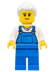 LEGO Farm Hand, Female, Overalls Blue over V-Neck Shirt, Light Bluish Gray Hair with Top Knot Bun minifigure