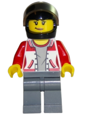 LEGO ATV Driver - Female, Jacket with Number 8 on Back, Dark Bluish Gray Legs, Black Helmet minifigure