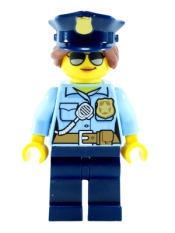 LEGO Police - City Officer Female, Bright Light Blue Shirt with Badge and Radio, Dark Blue Legs, Dark Blue Police Hat, Sunglasses minifigure