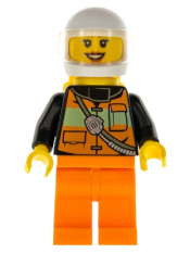 LEGO Fire - Reflective Stripe Vest with Pockets and Shoulder Strap, Orange Pants, White Helmet, Yellow, Peach Lips minifigure