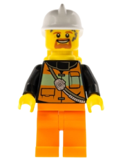 LEGO Fire - Reflective Stripe Vest with Pockets and Shoulder Strap, Orange Pants, White Fire Helmet, Yellow Air Tanks, Dark Orange Goatee minifigure