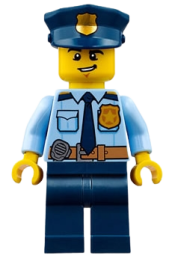 LEGO Police - City Shirt with Dark Blue Tie and Gold Badge, Dark Tan Belt with Radio, Dark Blue Legs, Police Hat with Gold Badge, Lopsided Grin minifigure