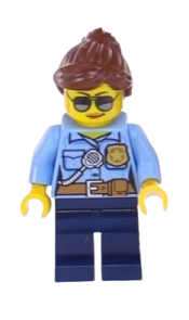 LEGO Police - City Officer Female, Bright Light Blue Shirt with Badge and Radio, Dark Blue Legs, Reddish Brown Ponytail and Swept Sideways Fringe minifigure