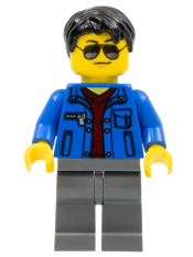 LEGO Blue Jacket over Dark Red V-Neck Sweater, Dark Bluish Gray Legs, Black Short Tousled Hair, Silver Sunglasses minifigure